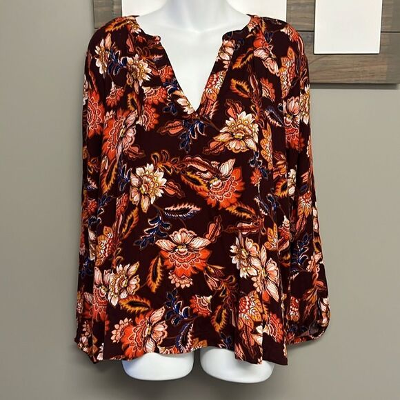 Old Navy Autumn Fall V Neck Long Sleeve Flowy Boho Rayon Blouse- Medium - Picture 1 of 13